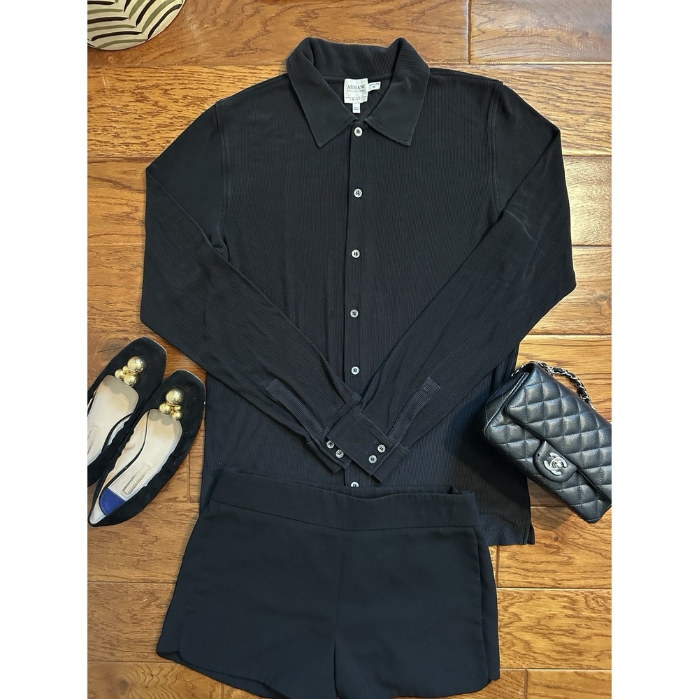 Armani Collezioni Womens M Black 100% Silk Ribbed Knit Button Down Shirt Top